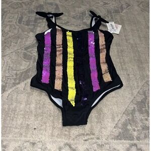 New Jessica Simpson Black Sequin Multi Striped Bathing Suit Youth Girls Sz 12